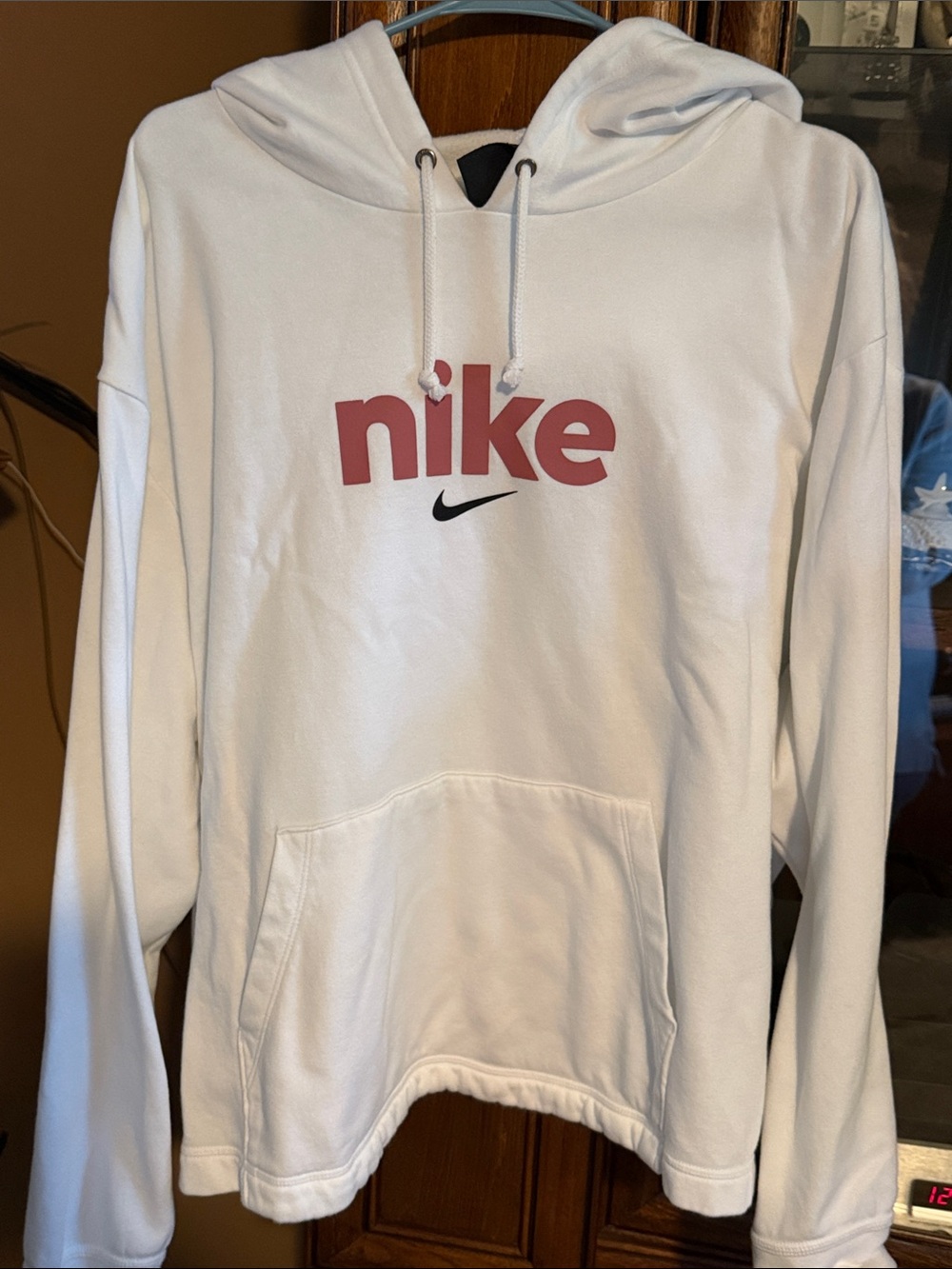 Nike White Hoodie with Rose Pink Logo and Black Swoosh